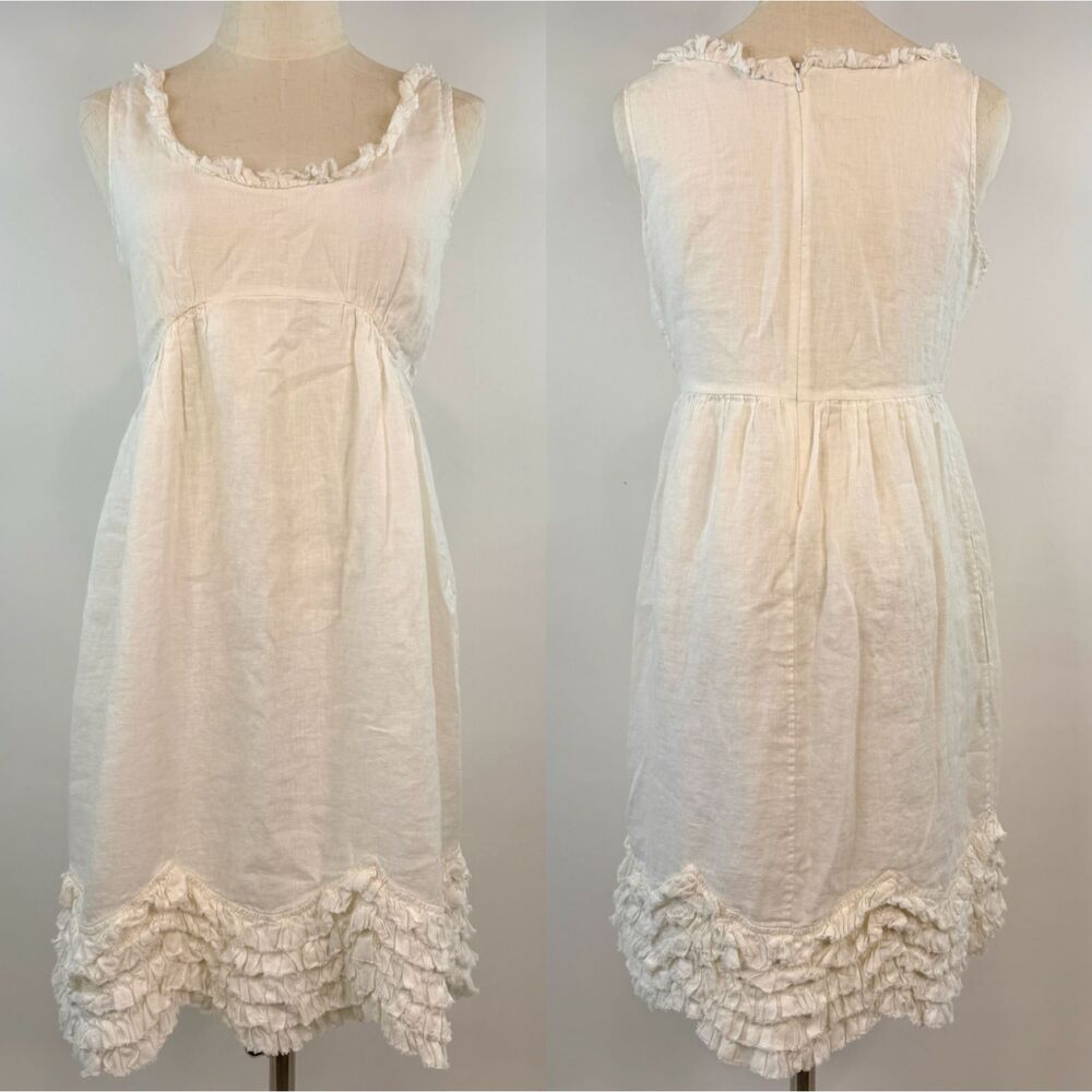 Lagenlook White 100% Linen Midi Dress Ruffled Hem Boho Fairy Cottage Whimsy S